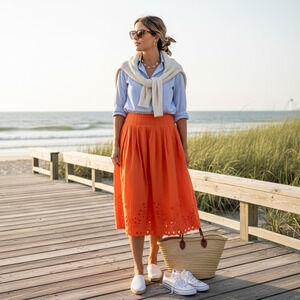 J Crew Womens Eyelet Hem Midi Skirt Size 18 Poplin Preppy Coastal Classic Party